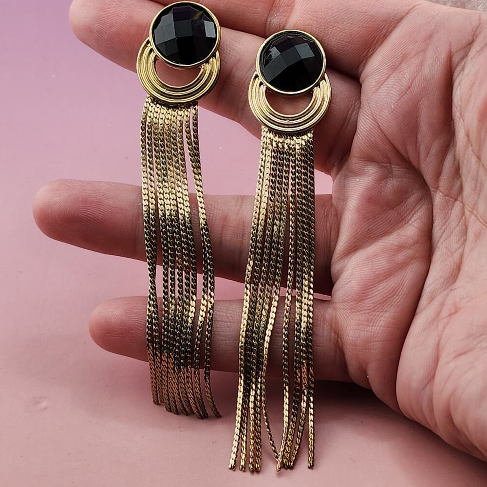 Gold Tone Black Faceted Stud Long Chain Tassel Earrings Glam Statement Pair